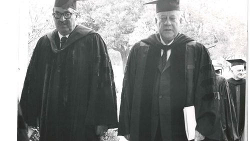 Former Dillard University President Albert W. Dent (right), escorts former U.S. Supreme Court Justice Thurgood Marshall on campus during the university's centennial celebration in 1969. Dent was the school's second president, serving for 28 years, starting in 1941.