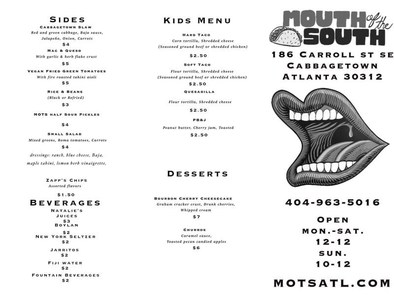 Mouth of the South menu