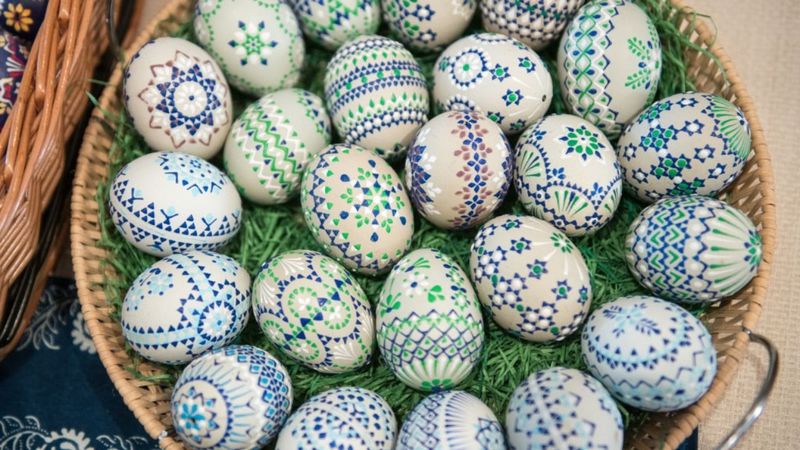 SCHLEIFE, GERMANY: Easter eggs are pictured during the annual Sorbian Easter egg market at the Sorbian cultural center on March 17, 2018 in Schleife, Germany. Sorbians are a Slavic minority in eastern Germany. The Sorbian cultural calendar is rich in folklore, particularly at Easter in the Saxon region of Lower Lusatia.  