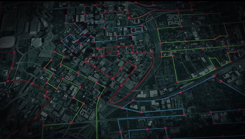 A map from the movie "2000 Mules" shows cellphone signals in downtown Atlanta, but most of these paths don't intersect with drop boxes or indicate ballot harvesting.
