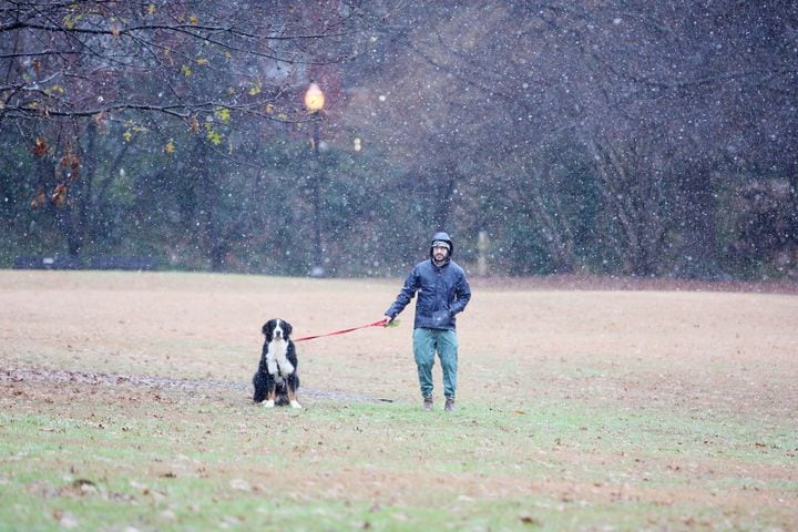 A person plays with his dog during light snow over Piedmont Park in Atlanta on Sunday, Jan. 16th, 2022. The Georgia Department of Transportation advises motorists to stay off the roads as snow falls in parts of metro Atlanta Sunday morning. Miguel Martinez for The Atlanta Journal-Constitution