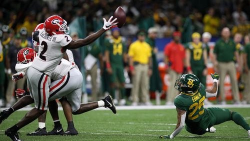 Richard LeCounte of the Georgia Bulldogs intercepts a pass against the Baylor Bears during the Sugar Bowl at the Superdome on Jan. 1, 2020 in New Orleans. (Photo by Chris Graythen/Getty Images)