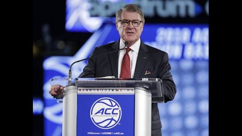 <p> FILE - In this Oct. 24, 2018, file photo, Commissioner John Swofford speaks to the media during a news conference at the Atlantic Coast Conference NCAA college basketball media day in Charlotte, N.C. Speaking Monday, May 6, 2019, at a regional Associated Press Sports Editors meeting in Greensboro, N.C., Swofford said "everything is on schedule" for the August launch of the league's TV channel. (AP Photo/Chuck Burton, File) </p>
