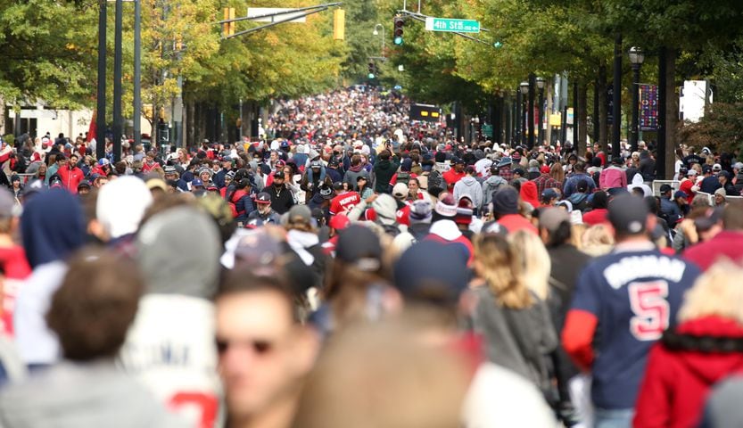 Fans fill Peachtree Street following the Braves' World Series parade in Atlanta, Georgia, on Friday, Nov. 5, 2021. (Photo/Austin Steele for the Atlanta Journal Constitution)