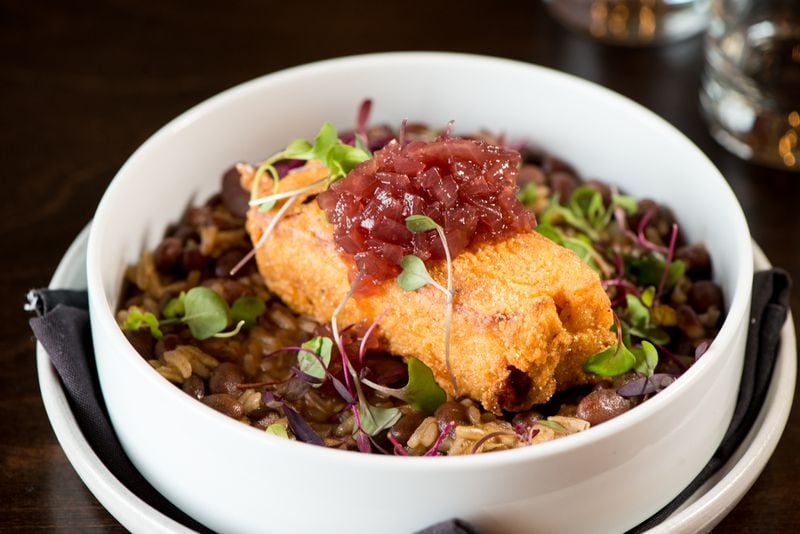 Chicken Fried Pork Belly with red beans, jasmine rice, and red onion jam. Photo credit- Mia Yakel.