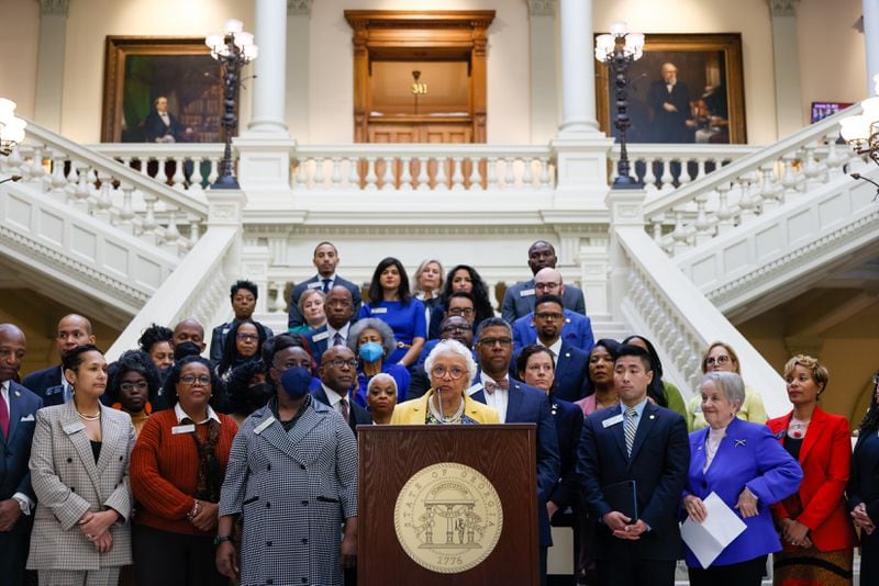 State Sen. Gloria Butler and Democrats respond to the State of the State speech at the Capitol in Atlanta on Wednesday, January 25, 2023. (Arvin Temkar/The Atlanta Journal-Constitution)