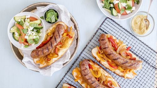 The meal kit for these grilled brats with caramelized peppers and onion features bratwurst from Avondale Estate’s Pine Street Market, made with pork from Riverview Farm in Ranger. C