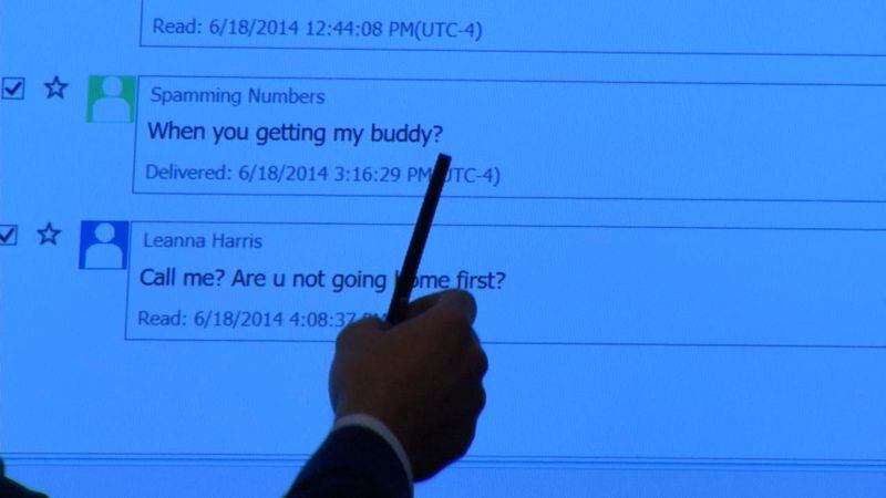 The defense shows the jury a text that Justin Ross Harris sent to his wife on the afternoon of the day of Cooper's death, during Harris' murder trial at the Glynn County Courthouse in Brunswick, Ga., on Thursday, Oct. 20, 2016. (screen capture via WSB-TV)