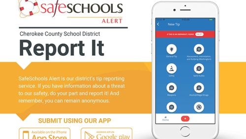 The Cherokee County Schools have announced a free smartphone app that gives residents another way to report safety concerns to district police and administrators. CHEROKEE COUNTY SCHOOL DISTRICT