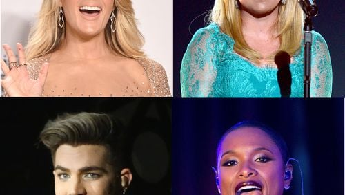 (clockwise) Carrie Underwood, Kelly Clarkson, Jennifer Hudson, Adam Lambert. CREDITS: Getty Images for Carrie, Kelly, Jennifer. Rodney Ho/rho@ajc.com for Adam
