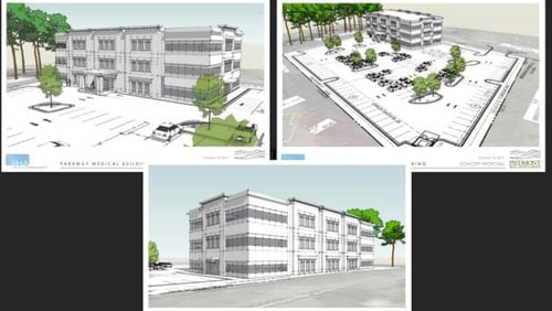 Artist’s drawings depict a medical office building proposed for 2.2 acres on Rope Mill Road in Woodstock. The city has annexed and rezoned the site for the project. CITY OF WOODSTOCK