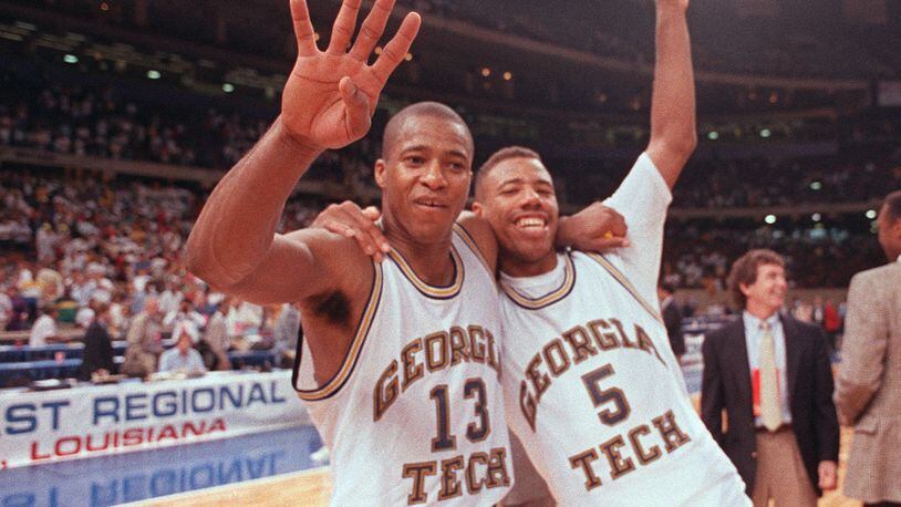 Brian Oliver (No. 13) and Karl Brown (No. 5) celebrate Georgia Tech's berth in the Final Four after defeating Minnesota 93-91 in the Southeast Region finals of the NCAA tournament March 25, 1990 at the Louisiana Superdome in New Orleans. (AJC file photo by Frank Niemeir)