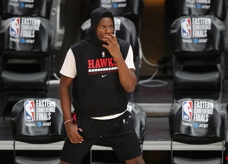 Hawks center Clint Capela has his game face on while preparing to play the Milwaukee Bucks in game 4 of the NBA Eastern Conference Finals on Tuesday, June 29, 2021, in Atlanta. (Curtis Compton / Curtis.Compton@ajc.com)