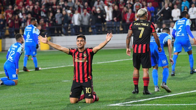 Atlanta United's Pity Martinez reacts after making a goal against Motagua FC during the first half of a Champions League game Tuesday, Feb. 25, 2020, in Kennesaw.