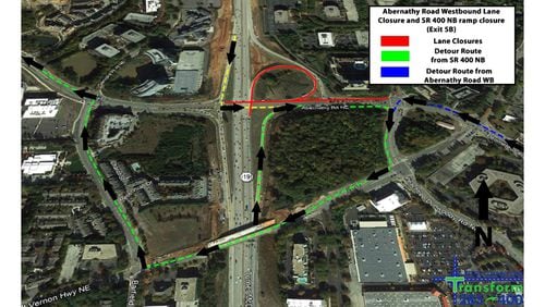Map depicts the recommended detour when the ramp from northbound Ga. 400 to westbound Abernathy Road is closed in the Perimeter area of North Fulton and DeKalb counties. GEORGIA DEPARTMENT OF TRANSPORTATION