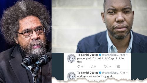 Cornel West, left; Ta-Nehisi Coates, right, and a screen shot of Coates' Twitter signoff.