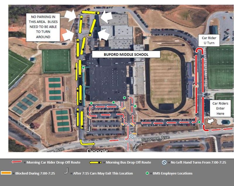 Here are specific instructions on where to drop off students at the new Buford Middle School which was formerly Buford High School. COURTESY OF BUFORD CITY SCHOOLS