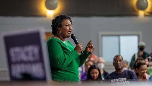 Democratic gubernatorial candidate Stacey Abrams speaks at a campaign rally targeting Asian American and Pacific Islander (AAPI) voters in Norcross on Friday, October 7, 2022.   (Arvin Temkar / arvin.temkar@ajc.com)
