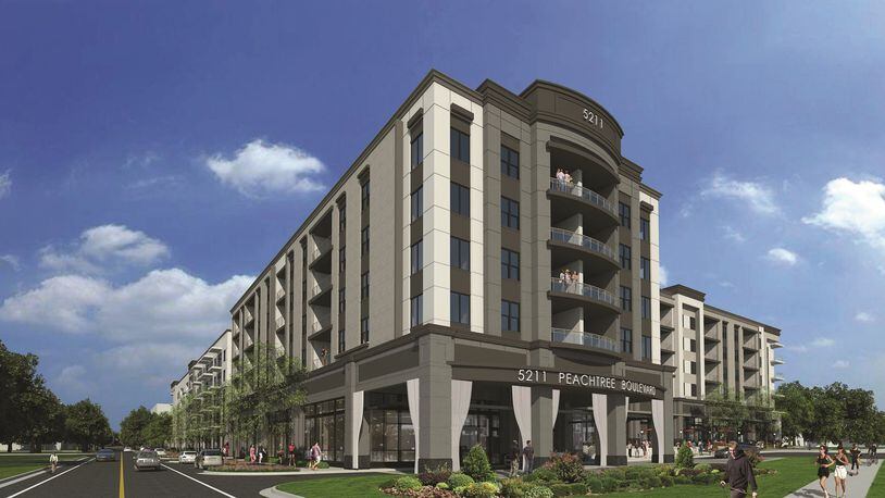 A conceptual drawing shows the Chamblee Atlanta project at 5211 Peachtree Boulevard. The development, which will receive $11 million in property tax breaks, features 310 luxury apartments and retail stores.