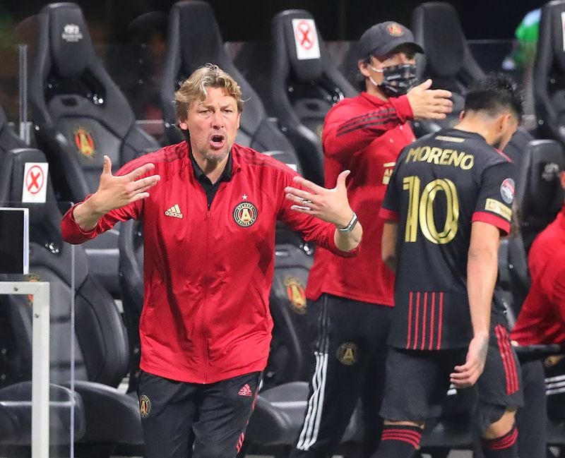 Atlanta United head coach Gabriel Heinze yells instructions to players during a 3-0 loss in the first leg of the CONCACAF Champions League quarterfinals against the Philadelphia Union Tuesday, April 27, 2021, at Mercedes-Benz Stadium in Atlanta. (Curtis Compton / Curtis.Compton@ajc.com)