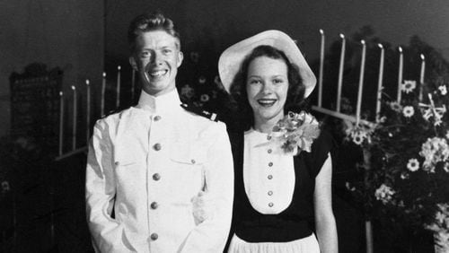 Jimmy and Rosalynn Carter pose on their wedding day, July 7, 1946. The couple, who had both attended Plains High School, met through a mutual friend when Jimmy Carter was serving in the U.S. Naval Academy at Annapolis, Md. (Jimmy Carter Library)