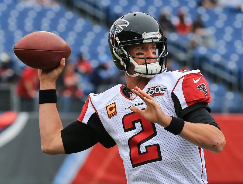 102515 NASHVILLE: — Matt Ryan and the Falcons prepare to play the Titans in a football game on Sunday, Oct. 25, 2015, in Nashville. Curtis Compton / ccompton@ajc.com