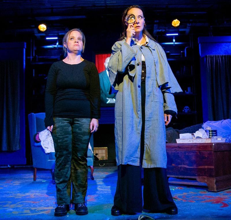 Karen Cassady (left) plays Dr. Joan Watson to Tara Ochs’ Shirley Holmes in “Ms. Holmes & Ms. Watson – #2B” at Synchronicity Theatre.
Courtesy of Synchronicity Theatre/Casey Gardner Ford