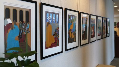 June 5, 2017, Atlanta: A 1989 series of serigraphic prints called “Eight Studies for The Book of Genesis” by Jacob Lawrence hang on a office wall at Atlanta Life Financial Group on Monday, June 5, 2017, in Atlanta. Curtis Compton/ccompton@ajc.com
