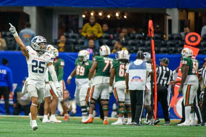 Howard linebacker Christian White signals after a turnoveragainst Florida A&M in the Celebration Bowl at Mercedes Benz Stadium in Atlanta, Georgia on Dec. 16, 2023. (Jamie Spaar for the Atlanta Journal Constitution)