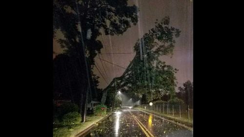 Fallen trees like this one in south Valdosta are causing power outages to half of all customers in Lowndes County, Georgia.