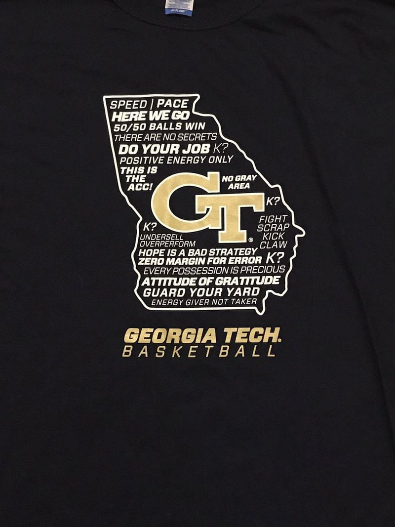 Ron Bell, who described himself as the biggest supporter of Georgia Tech basketball coach Josh Pastner, created this T-shirt as a gift for Pastner’s 40th birthday last September. Georgia Tech authorized Bell to use its logo. TWITTER