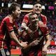 Atlanta United midfielder Thiago Almada (10) and  Saba Lobzhanidze (9) celebrate with Atlanta United forward Giorgos Giakoumakis (7)  after he scored the first goal of his team during the first half against the Chicago Fire at Mercedes-Benz Stadium on Sunday, March 31, 2024.
 Miguel Martinez / miguel.martinezjimenez@ajc.com