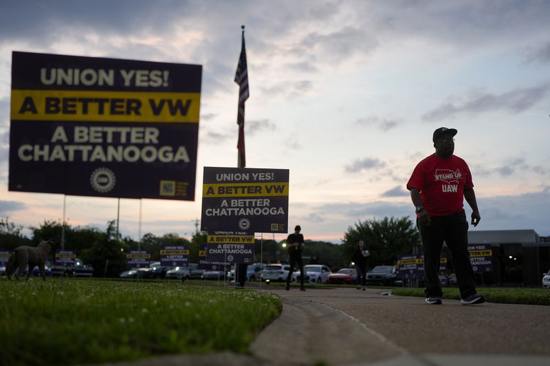 Volkswagen automobile plant employee Charles Kimbrough arrives for a watch party to see the results of their union election Friday, April 19, 2024, in Chattanooga, Tenn. Workers finished voting Friday night on whether to join the United Auto Workers union. (AP Photo/George Walker IV)