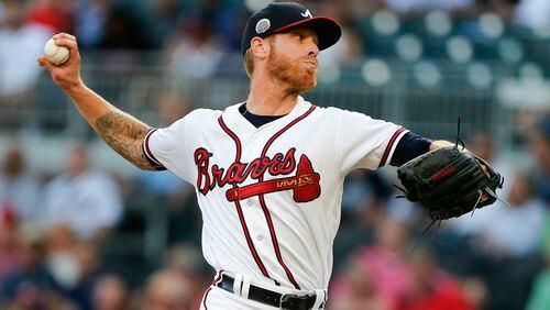 Braves starting pitcher Mike Foltynewicz works against the Toronto Blue Jays. (AP Photo/John Bazemore)