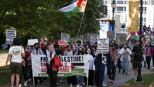 Protesters against the war in Palestine march through the Emory campus Tuesday, April 30, 2024.   (Ben Gray / Ben@BenGray.com)