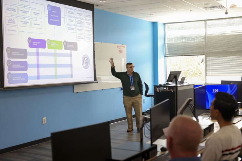 Cybersecurity instructor Andrew Gurbaxani teaches students in the network security class at Gwinnett Technical College, Wednesday, Oct. 18, 2023, in Lawrenceville. Georgia's technical colleges are rebounding after a slump during the COVID-19 pandemic. One of the technical colleges to see the biggest gains this fall compared to a year ago is Gwinnett Technical College. (Jason Getz / Jason.Getz@ajc.com)