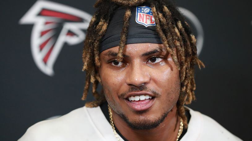 May 11, 2019 Flowery Branch: Atlanta Falcons cornerback Jordan Miller takes questions from the media during rookie minicamp on Saturday, May 11, 2019, in Flowery Branch.  Curtis Compton/ccompton@ajc.com