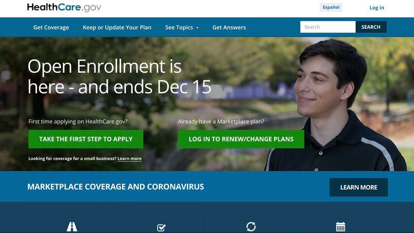 This photograph shows the homepage of healthcare.gov, the Affordable Care Act's Marketplace exchange website for shopping for health insurance plans, on Nov. 2, 2020, during open enrollment for coverage beginning 2021.