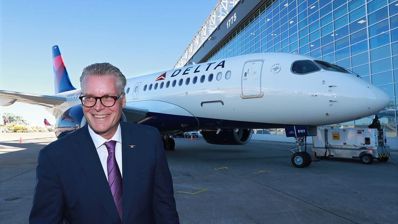 Delta CEO Ed Bastian arrives to unveil the new A220 aircraft while celebrating the 10-year anniversary of merging with Northwest at the Delta Air Lines TechOps on October 29, 2018, in Atlanta. (Curtis Compton/Atlanta Journal-Constitution/TNS) 
