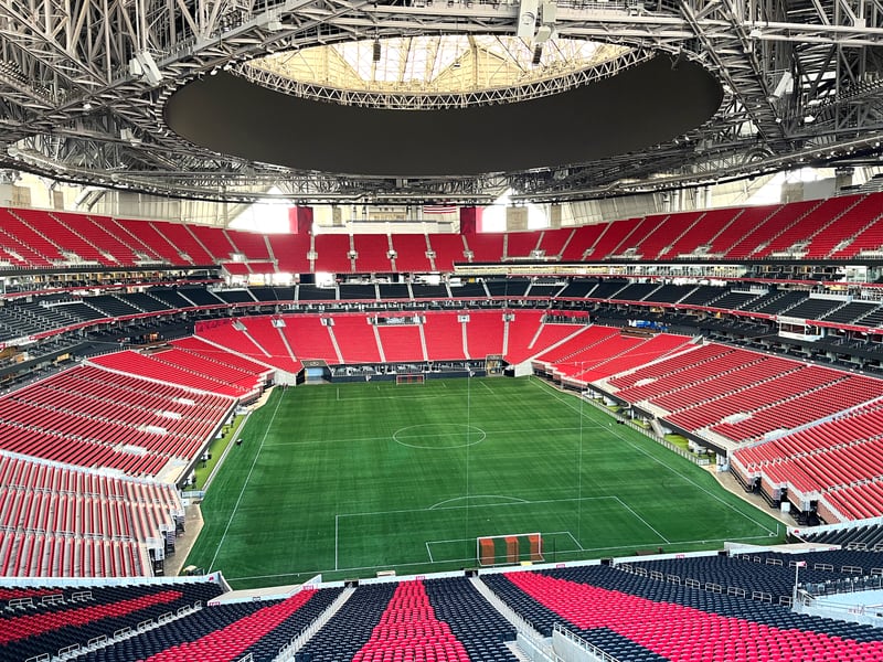 The new artificial-turf playing surface at Mercedes-Benz Stadium is in place. (AMBSE photo)