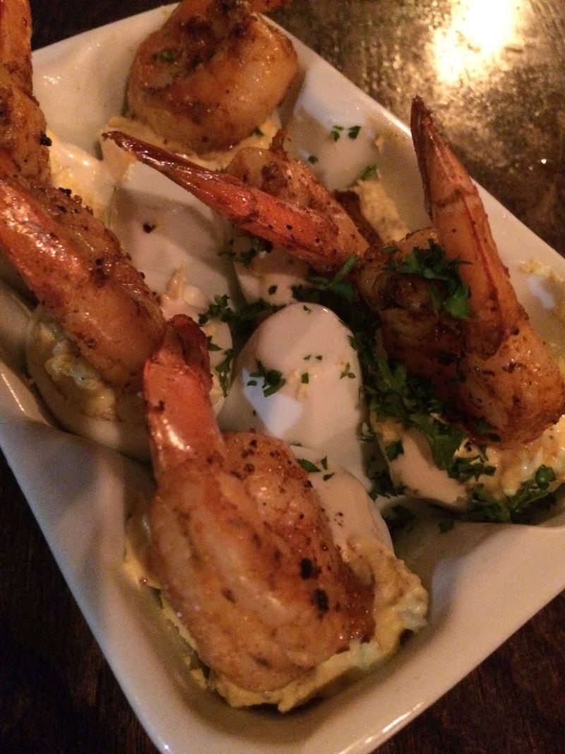 The crab and shrimp deviled eggs at Greens & Gravy are tasty but a bit cumbersome to handle. CONTRIBUTED BY WENDELL BROCK