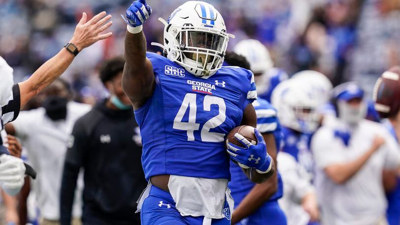 Georgia State's Blake Carroll, here after making a big play against Georgia Southern, is expected to be a big piece of the team's defense in 2022. (Photo by Dale Zanine/Georgia State Athletics)
