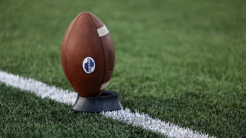 Oct. 23, 2020 - Norcross, Ga: A GHSA football is shown before the Georgia high school football game between Cedar Grove and GAC at Greater Atlanta Christian, Friday, October 23, 2020 in Norcross, Ga.. JASON GETZ FOR THE ATLANTA JOURNAL-CONSTITUTION