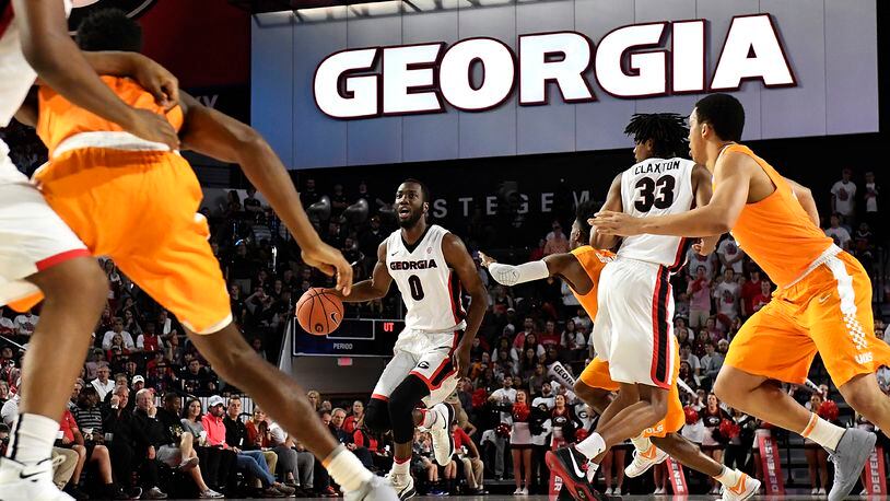 William Jackson II of Georgia dribbles against  Tennessee at Stegeman Coliseum on February 17, 2018 in Athens, Georgia. (Photo by Mike Comer/Getty Images)