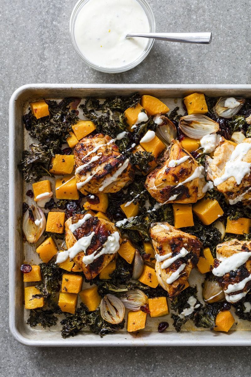 One-Pan Roast Chicken Breasts With Butternut Squash and Kale from “The Complete Make-Ahead Cookbook” by America’s Test Kitchen. CONTRIBUTED BY DANIEL J. VAN ACKERE