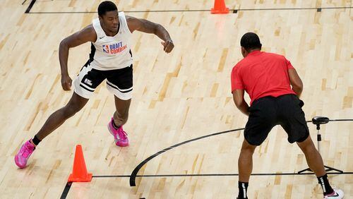 Georgia Tech's Moses Wright participates in the NBA Draft Combine Tuesday, June 22, 2021, at the Wintrust Arena in Chicago. (Charles Rex Arbogast/AP)