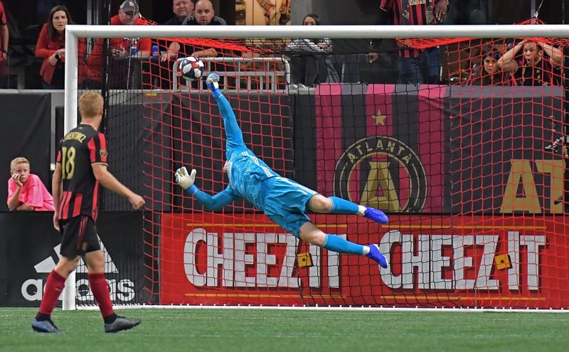 October 30, 2019 Atlanta - Atlanta United goalkeeper Brad Guzan (1) is not able to stop the game winning goal by Toronto FC midfielder Nick DeLeon (18) in the second half during the Eastern Conference Final soccer match at Mercedes-Benz Stadium on Wednesday, October 30, 2019. Toronto FC won 2-1 over the Atlanta United. (Hyosub Shin / Hyosub.Shin@ajc.com)