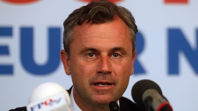 Norbert Hofer candidate for Austria's Presidency informs the press in Vienna, Austria, Tuesday, May 24, 2016. (AP Photo/Ronald Zak)