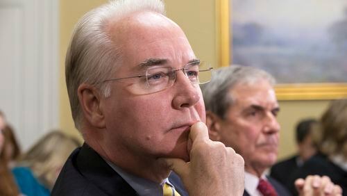 FILE - In this Jan. 5, 2016, file photo, Rep. Tom Price, R-Ga., chairman of the House Budget Committee appears before the Rules Committee, joined at right by Rep. John Yarmuth, D-Ky., on Capitol Hill in Washington. Republicans hope that as President-elect Donald Trump's choice to run the Department of Health and Human Services, Price will preside over the dismantlement of President Barack Obama's signature health care law. (AP Photo/J. Scott Applewhite, File)