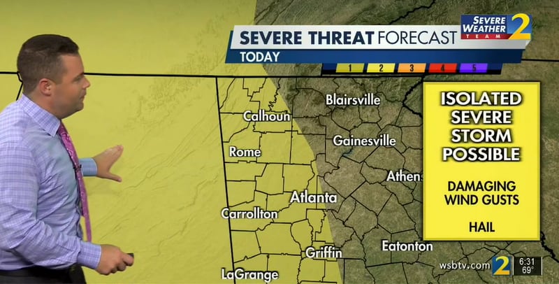 An isolated severe storm is possible Wednesday for areas from Atlanta to the west, according to forecasters.